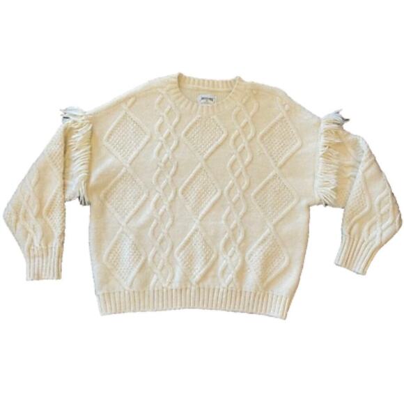 NEW NWT American Eagle Cable Knit Fringe Sleeve Sweater Cream size Small - Picture 3 of 9